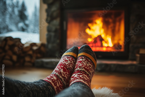 Feet in woollen socks by the Christmas fireplace generative AI photo