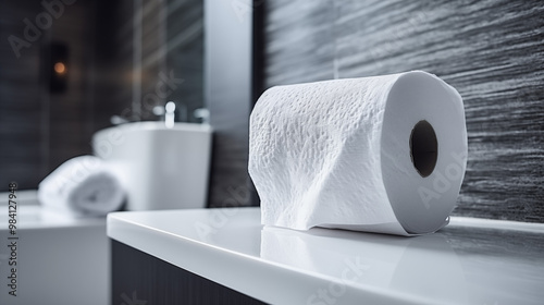 Unveil the beauty of minimalism with a roll of white toilet paper set against a backdrop of modern design .