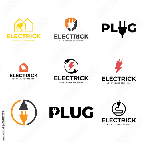Set of Electrical power plug logo. Current and voltage symbol.