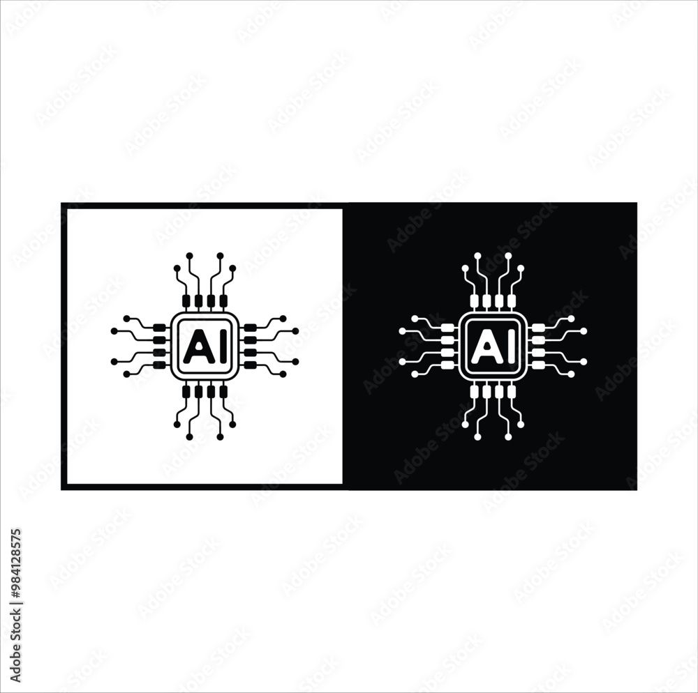 Black and white AI or Artificial intelligence chip icon with circuit vector illustration design. Eps 10 Black and white AI or Artificial intelligence chip icon with circuit vector illustration design. Eps 10