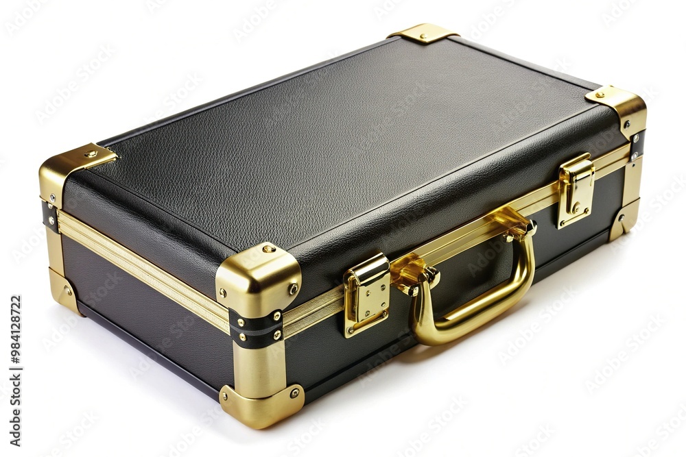Black and gold suitcase with gold handle from high angle view Black and gold suitcase with gold handle from high angle view