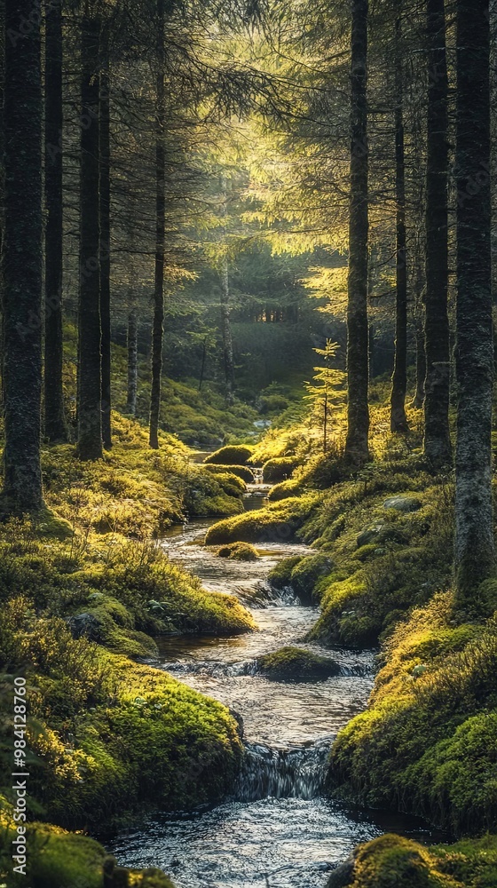 Obraz premium Peaceful forest clearing with soft moss, tall trees