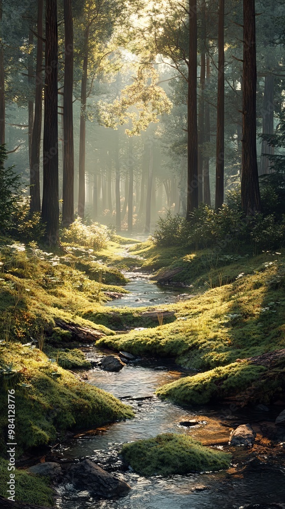 Peaceful forest clearing with soft moss, tall trees Peaceful forest clearing with soft moss, tall trees
