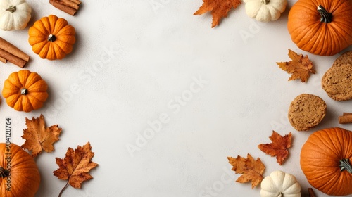 Autumn harvest with pumpkins, cookies, and colorful leaves.