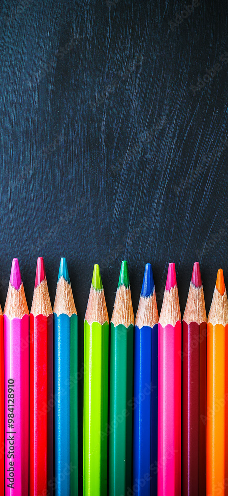 Colorful pencils in front of a blank blackboard. Back to school concept. Education banner Colorful pencils in front of a blank blackboard. Back to school concept. Education banner