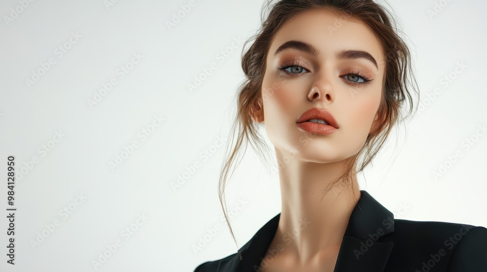 High Fashion Elegance: Photorealistic Studio Portrait of a Stylish Model in Glamorous Attire on White Background High Fashion Elegance: Photorealistic Studio Portrait of a Stylish Model in Glamorous Attire on White Background
