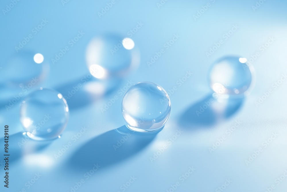 A group of clear spheres on a blue background. The spheres are all the same size and are arranged in a row. The blue background gives the image a calm and serene mood A group of clear spheres on a blue background. The spheres are all the same size and are arranged in a row. The blue background gives the image a calm and serene mood