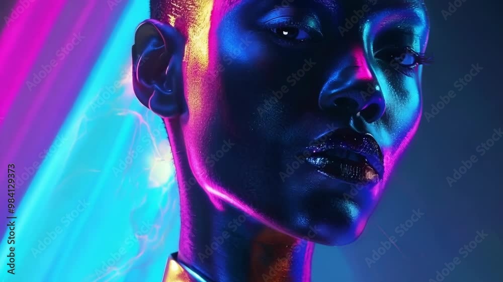 Futuristic fashion model with metallic skin is posing with a holographic, colorful light effect. The image has a cyberpunk and synthwave style Futuristic fashion model with metallic skin is posing with a holographic, colorful light effect. The image has a cyberpunk and synthwave style