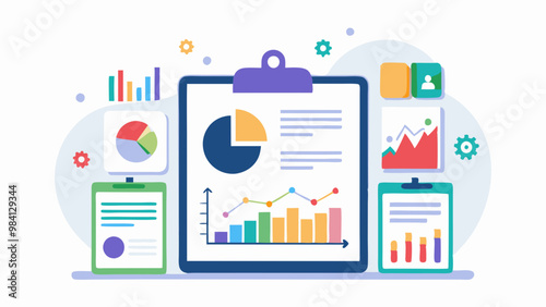 An infographic illustration displaying various charts and graphs, including pie charts and a financial report with charts and graphs. vector art illustration