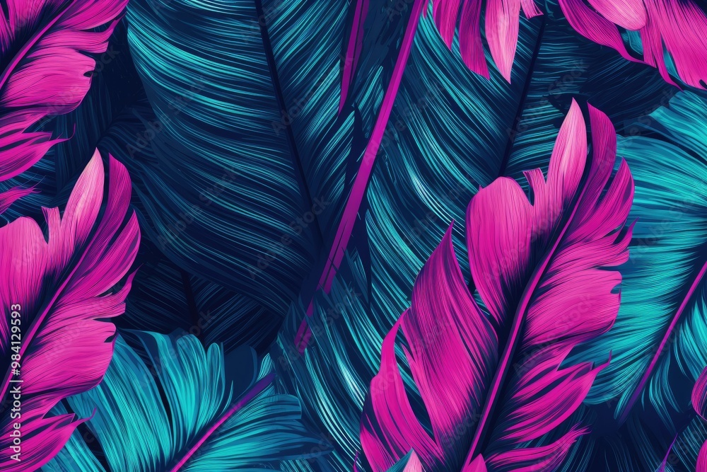 custom made wallpaper toronto digitalAbstract illustration with stylized leaves in vibrant shades of pink and blue on a dark background, creating a modern and dynamic effect.