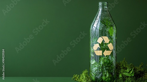 A glass beverage bottle with a recycle icon prominently displayed, emphasizing the ability to recycle glass materials. The image promotes sustainable packaging choices. Large space for text in center