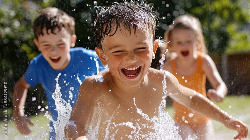 Obraz premium Joyful Kids Playing in Water Splashing Fun
