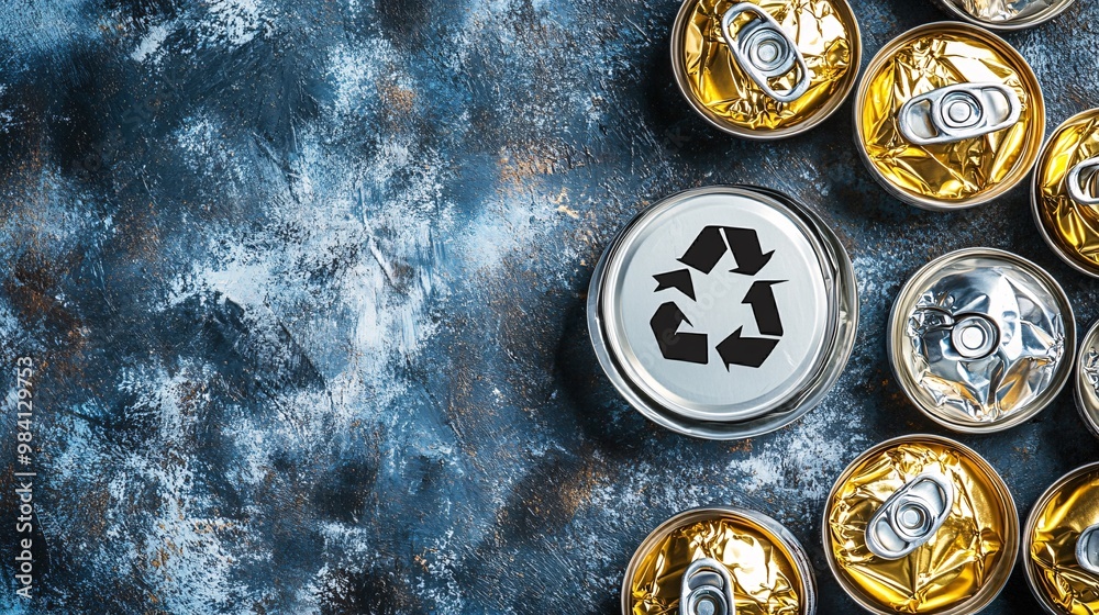 Naklejka premium A crushed aluminum can with a recycle symbol visible, placed on a plain background to highlight the ease of recycling metal cans. The image encourages responsible waste disposal. Large space for text