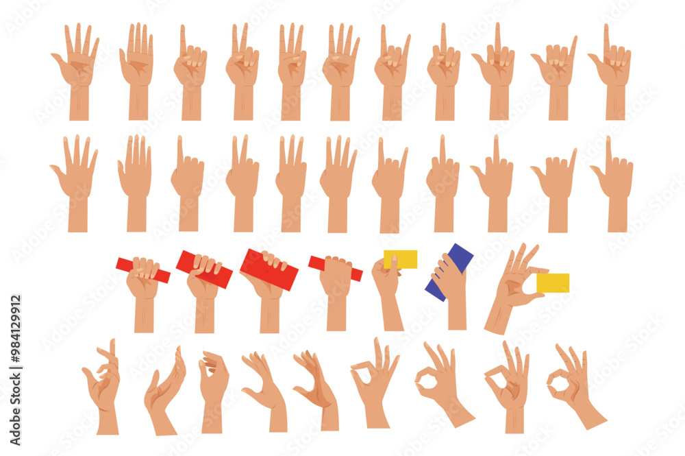 Set of hands and arms expressions in flat cartoon design. A variety of hand gestures displayed in multiple lines, including sign actions and holding objects in various poses. Vector illustration. Set of hands and arms expressions in flat cartoon design. A variety of hand gestures displayed in multiple lines, including sign actions and holding objects in various poses. Vector illustration.