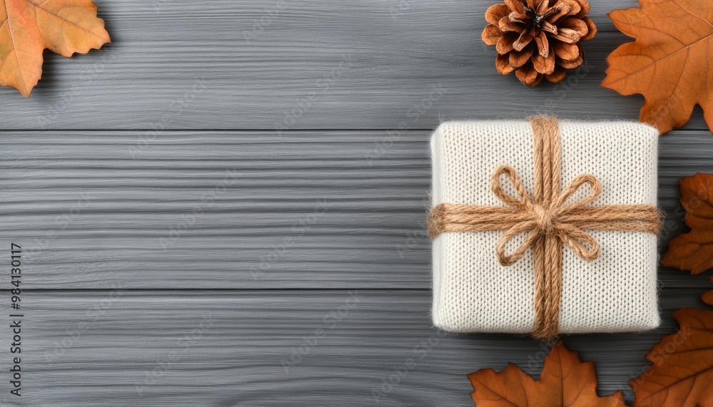 Fototapeta premium Gift box with autumn leaves on rustic wooden background.