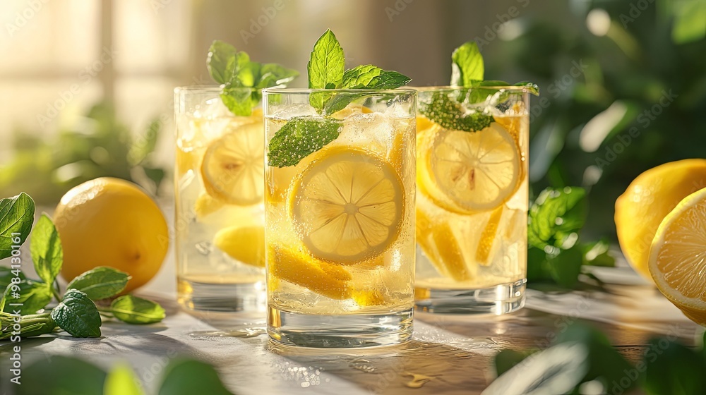 Fototapeta premium Refreshing Summer Lemonade with Lemon Slices and Mint