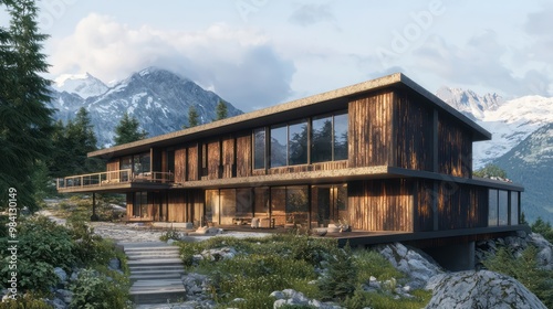 A modern mountain lodge with exterior wooden cladding that has been charred using traditional techniques for durability and aesthetics