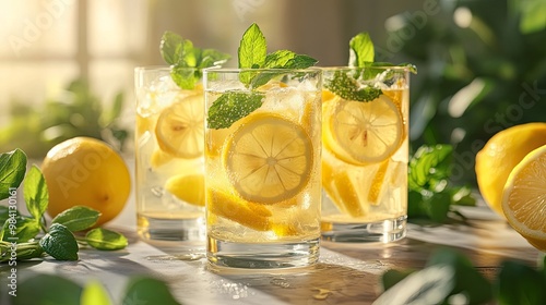 Refreshing Summer Lemonade with Lemon Slices and Mint