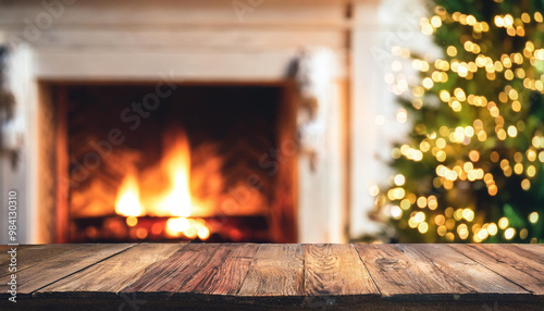 Christmas Tree With Illumination Near The Fireplace. Blurred Background With Glitter Effects On Wooden Background