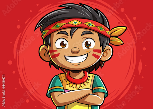 cartoon vector illustration of funny little boy kid with folded arms, red isolated background, indigenous