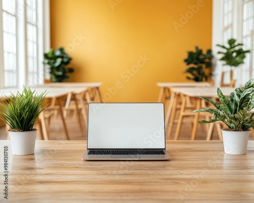 Minimal workspace with laptop and plants, bright yellow wall. photo