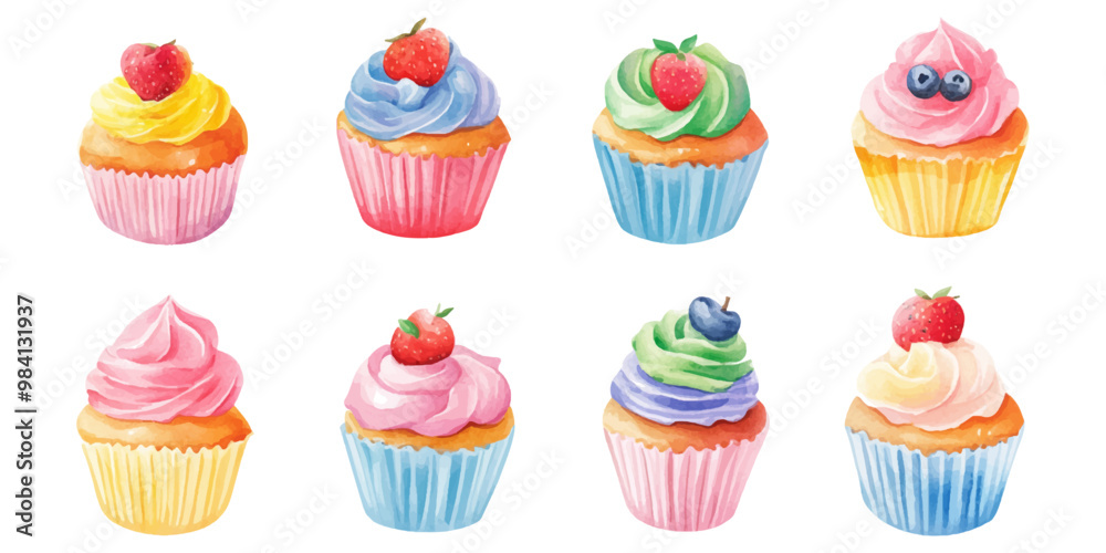 Cute, colorful cupcakes in various illustrated with soft watercolor on a white background. Cute, colorful cupcakes in various illustrated with soft watercolor on a white background.
