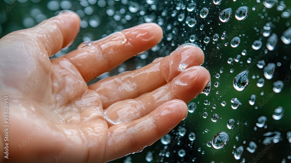 Hand Reaching Out to Water Droplets on Glass Surface Hand Reaching Out to Water Droplets on Glass Surface