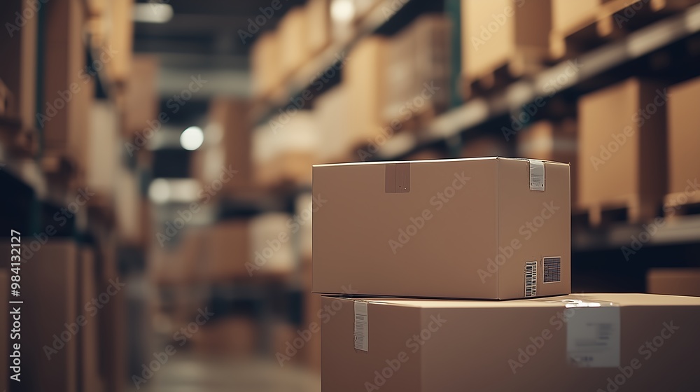 Large cardboard box with a shipping label inside a warehouse Large cardboard box with a shipping label inside a warehouse