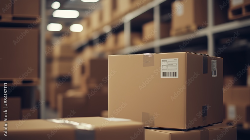 Large cardboard box with a shipping label inside a warehouse Large cardboard box with a shipping label inside a warehouse