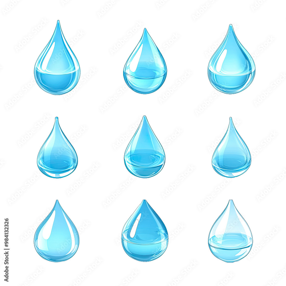Set of Different 3d Glowing Water Drops Blue. for Pure Water Logo. Isolated on a Transparent Background. Cutout PNG. Set of Different 3d Glowing Water Drops Blue. for Pure Water Logo. Isolated on a Transparent Background. Cutout PNG.