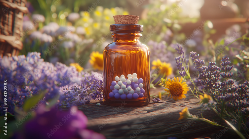 A bottle of pills is sitting on a wooden table next to a bunch of flowers A bottle of pills is sitting on a wooden table next to a bunch of flowers