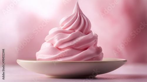 A delicious swirl of pink soft serve ice cream on a plate, evoking sweetness and joy.