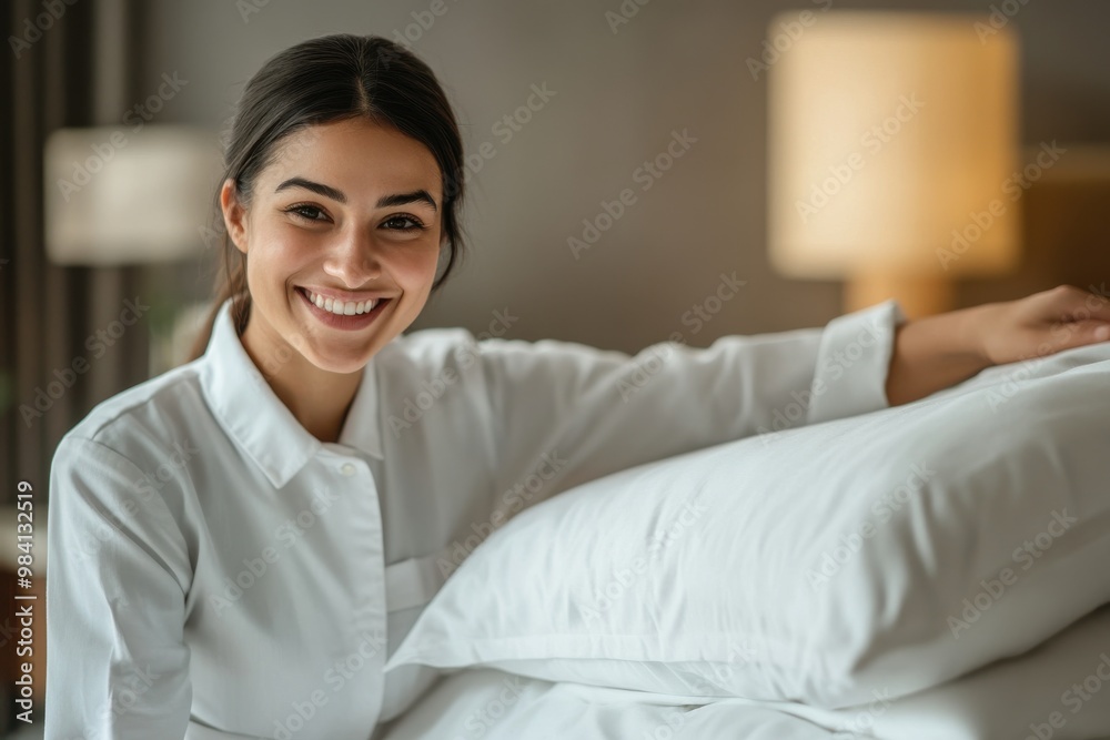 A smiling hotel housekeeper, dressed in a neat uniform, is making a bed A smiling hotel housekeeper, dressed in a neat uniform, is making a bed