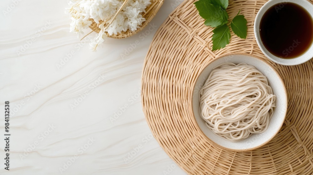 Fresh Noodles with Soy Sauce and Rice on Table Fresh Noodles with Soy Sauce and Rice on Table