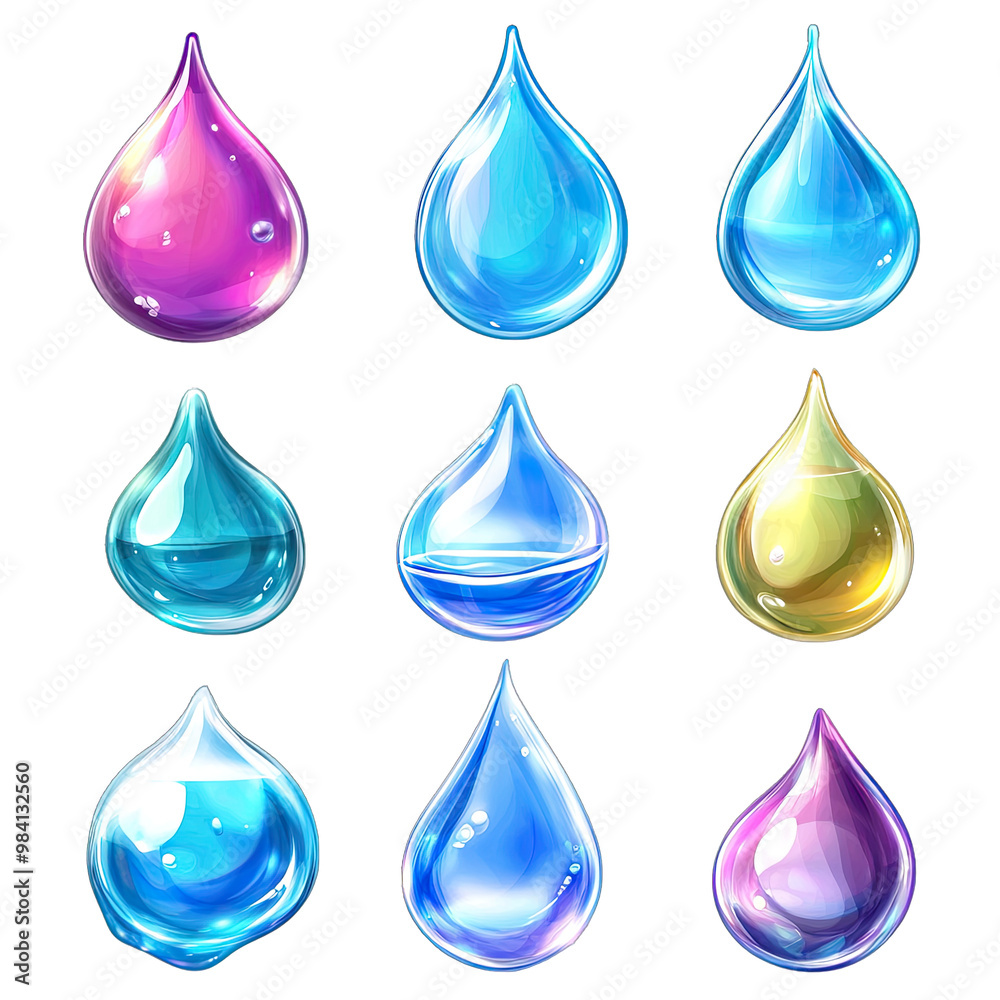 Set of Different 3d Glowing Water Drops Blue. for Pure Water Logo. Isolated on a Transparent Background. Cutout PNG. Set of Different 3d Glowing Water Drops Blue. for Pure Water Logo. Isolated on a Transparent Background. Cutout PNG.