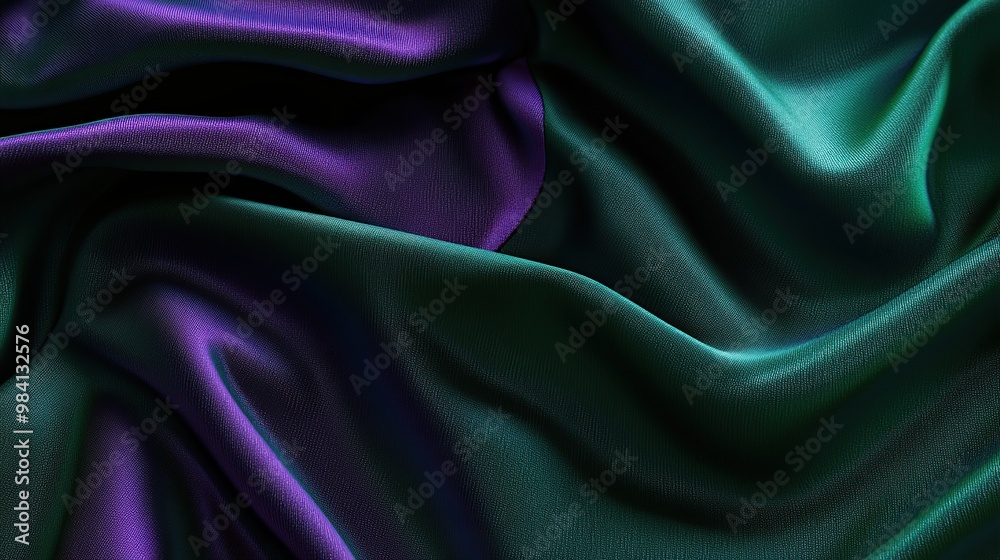 Fototapeta premium A close-up view of smooth, flowing fabric with rich purple and green hues.