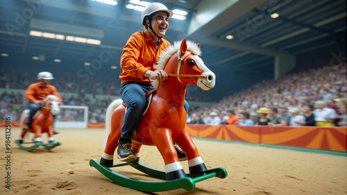 Surreal arena race with adults riding rocking horses in a cheering crowd.