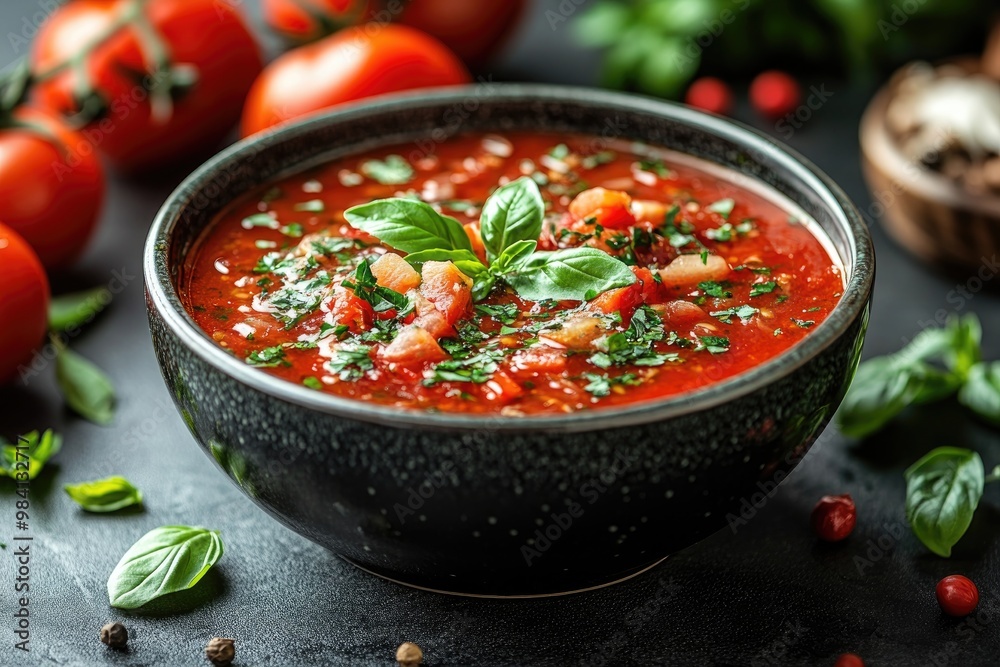 Fresh Tomato Basil Soup in Bowl Fresh Tomato Basil Soup in Bowl