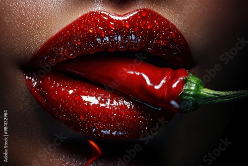 Glossy Red Lips Sensually Biting Fiery Red Chili Pepper - Perfect for Spicy & Seductive Design photo