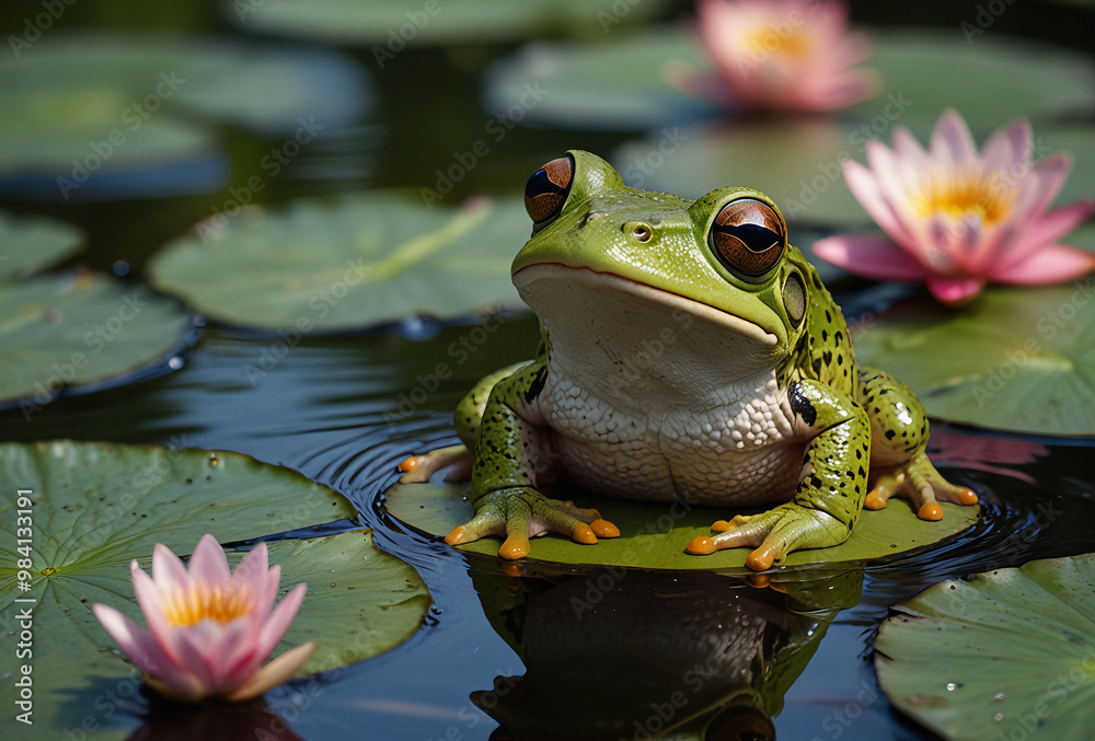 Green Frog Resting on a Lily Pad Surrounded by Pink Water Lilies in a Serene Pond Green Frog Resting on a Lily Pad Surrounded by Pink Water Lilies in a Serene Pond