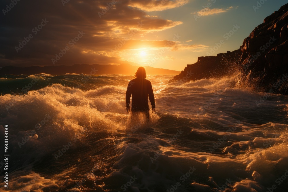 Fototapeta premium Man walking in rough waters during sunset, with turbulent waves around him and a dramatic sky illuminated by the last rays of golden light on the horizon. 