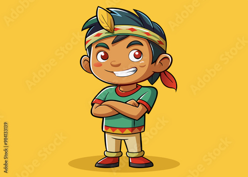 cartoon vector illustration of funny little boy kid with folded arms, yellow isolated background, indigenous