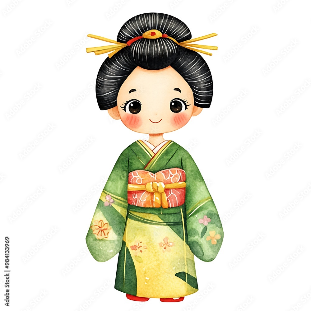 Watercolor illustration of a cute Japanese girl in traditional green and yellow Kimono.