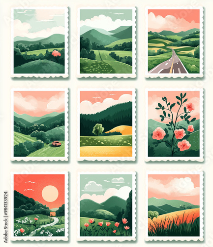 A set of stamps with different scenes such as green fields, pink peach trees and sunsets, pink background, complementary colors, pictoric images photo