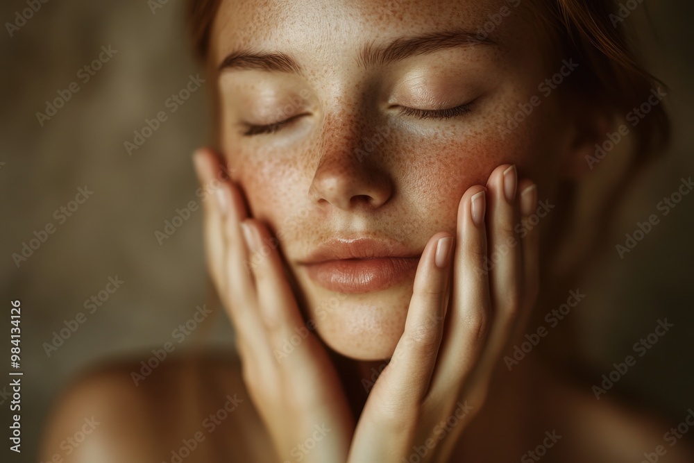 A soft, glowing portrait of a woman gently holding her face with both hands A soft, glowing portrait of a woman gently holding her face with both hands