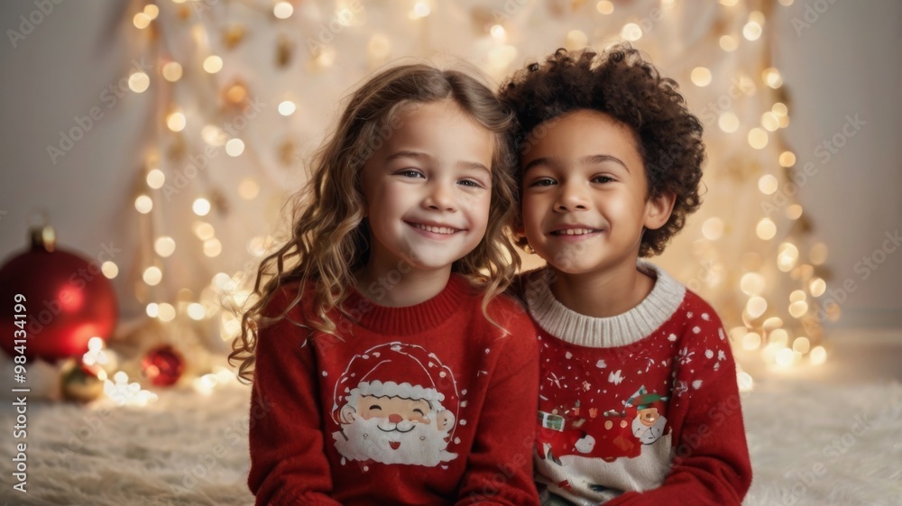close up portrait portrait of two cheerful siblings, Little boy and girl goofing around on christmas close up portrait portrait of two cheerful siblings, Little boy and girl goofing around on christmas