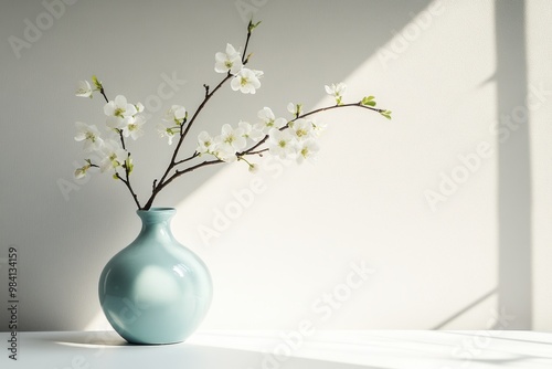 A soft, pastel-blue ceramic vase placed on a clean white surface with delicate branches of small