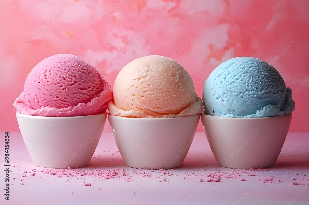 Three ice cream scoops of raspberry, peach, and blueberries on a pink pastel background Three ice cream scoops of raspberry, peach, and blueberries on a pink pastel background