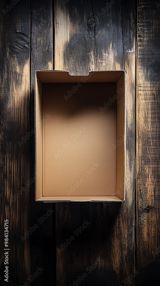Empty cardboard box resting on dark wooden surface Empty cardboard box resting on dark wooden surface
