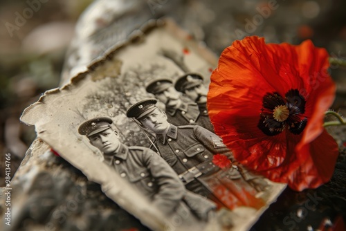 Historical World War I Soldiers Photo with Red Poppy Flower Commemorating Armistice Day photo